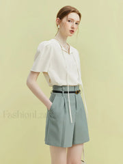 High Waist Twill Pleated Office Lady Short