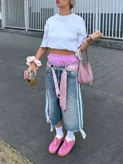 Bermuda Denim Mid Waist Side Stripes Print Wide Leg Short