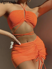 3 Piece Skirt Halter Bikini Set