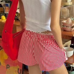 Vintage Kawaii Ruffles Lace Trim Striped Short