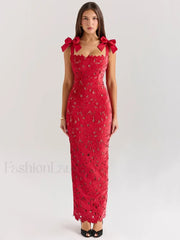 Bow Lace Backless Maxi Dress