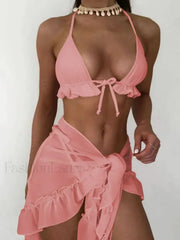 With Mesh Sarong Halter Ruffled Bikini Set