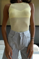 Yellow Hollow Out Knit Crop Tank Top