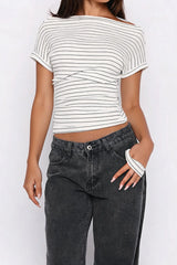Ruched Cinched Waist Striped Off Shoulder Tee