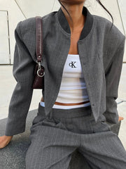 Tailored Pinstripe Graceful Patchwork Collar Jacket