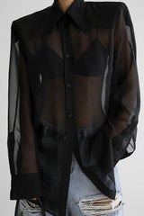 Sheer Mesh Long Sleeve Shoulder Pad Blouse