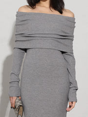 Charcoal Off Shoulder Overfold Modern Long Sleeve Long Dress