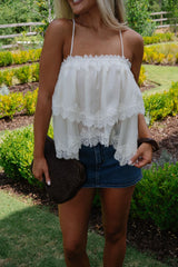 Lace Trim Hemline Tiered Cami Top-Cream