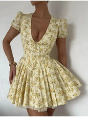 Pleated Puff-Sleeve Floral Dress