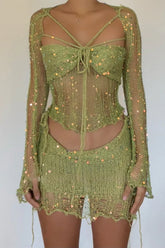 Sequin Knit Cutout Sweater Three Piece Skirt Set