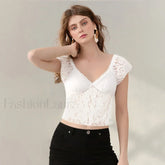 Sexy Cap Sleeve Lace Crop Top T-Shirt