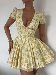 Pleated Puff-Sleeve Floral Dress