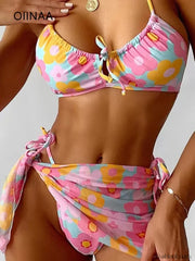 Printed Lace-Up Halter Three Piece Set