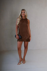 Scalloped Lace Hem Sleeveless Mini Shift Dress-Brown