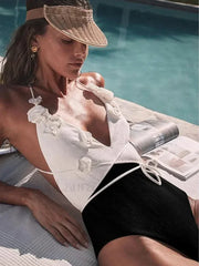 3D Flower V Neck Split Soild One Piece