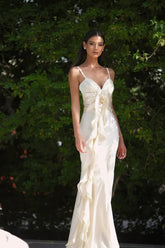 Floral Ribbon Satin Slim Fit Strappy Maxi Dress