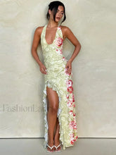 Split Print Halter Maxi Dress