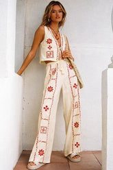 Contrast Embroidered Vest Top Boho Pants Set