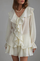 V Neck Ruffle Tie Front Blouse Shorts Set