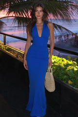 Solid V Neck Halter Backless Formal Dress