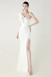 Ruffled Floral One Shoulder Satin Party Dress