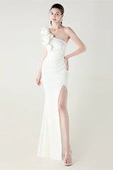 Ruffled Floral One Shoulder Satin Party Dress
