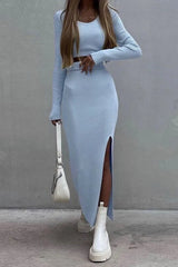 Solid Knit Long Sleeve Top Side Slit Pencil Skirt Set