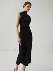 Mock Neck Sleeveless Trendy Split Ruched Long Dress