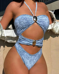 Halter Hollow Push Up Backless One Piece