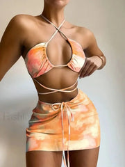Tie Dye Hollow Pleated Three Piece Set