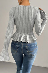 Flounced V-Neck Bodycon Knit Top