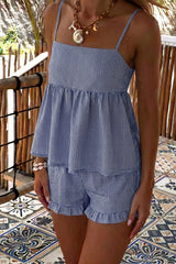 Blue White Plaid Spaghetti Strap Shorts Set