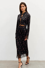 Button Front Floral Long Sleeve Blouse Skirt Set