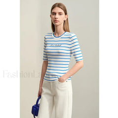 Striped Embroidered Knit T-Shirt