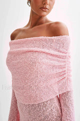 Sheer Long Sleeve Off-Shoulder Knit Work Dress