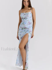 Mesh Floral Slit Bodycon Maxi Dress