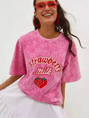 Strawberry Rose Red Print Oversized T-Shirt