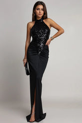 Velvet Sequin Slit Midi Bodycon Dress