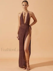 Deep V Backless Slit Maxi Cover Up