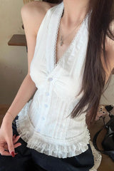 White Lace Trim V Neck Halter Waist Tie Halter Top