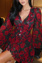 V Neck Long Sleeve A Line Floral Dress