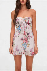 Strapless Sheer Floral Print A Line Floral Dress