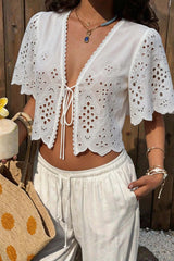 White Hollow Out Flutter Sleeve Vacation Blouse