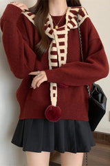 Striped Shawl Collar Pom Pom Solid Sweater