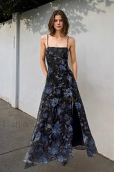 Retro Floral Strappy Backless High Split Pleated Maxi Dress