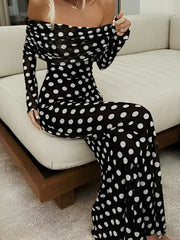 Long Sleeve Off-Shoulder Polka Dot Print Long Dress