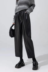 Slim PU Leather Elastic Waist Straight Pants