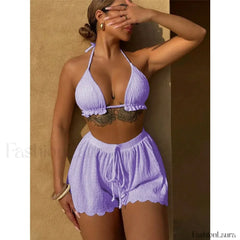 Purple Three Piece Shorts Bikini Set