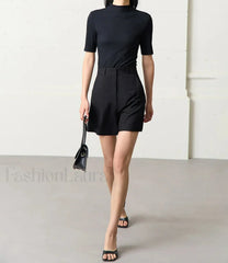 Minimalism Women Straight Casual Office Lady Black Short