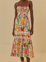 Floral Ruched Button Strap Maxi Dress